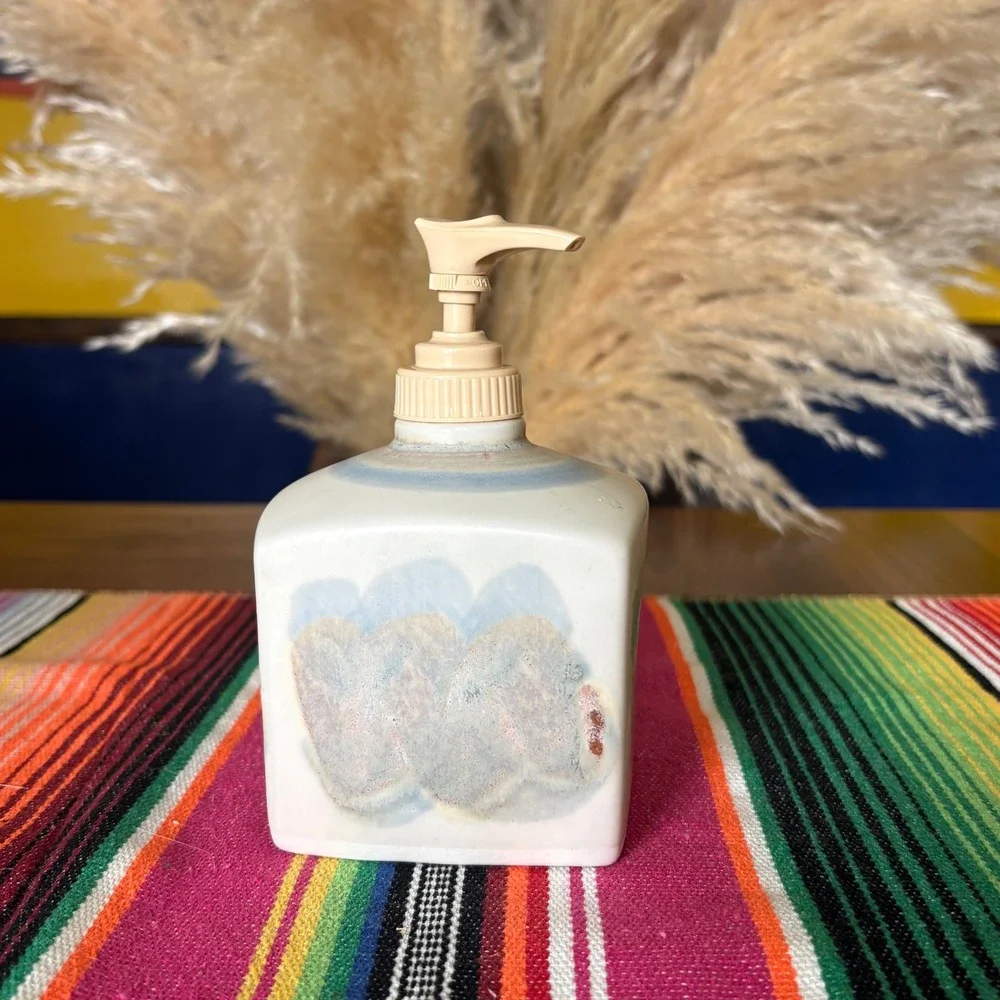 Handmade Studio Pottery Soap Dispenser Set Drip Glaze Stoneware Boho Decor 2pc